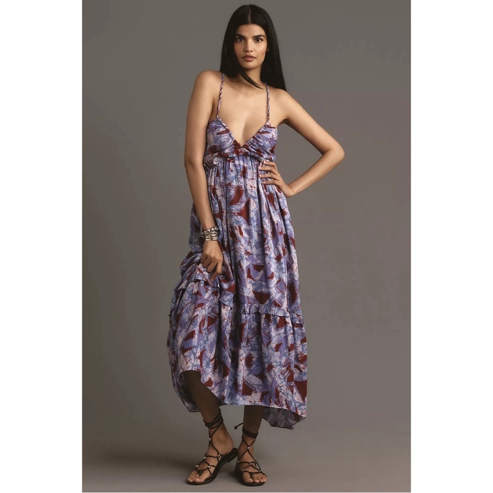 Anthropologie Sleeveless V Neck Open Back Midi Dress Purple Blue Size Large NWT